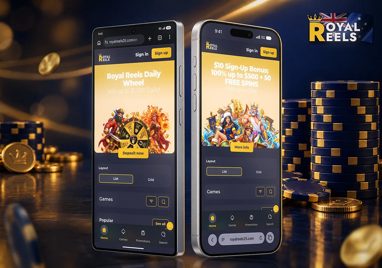 Royal Reels 25 casino on a phone with pokies and a A$10 chip
