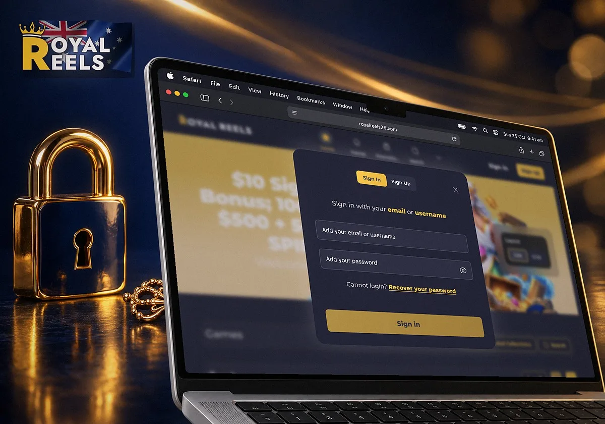 The Royal Reels 25 Sign In window open in Safari on a MacBook Pro, asking for an email or username and a password