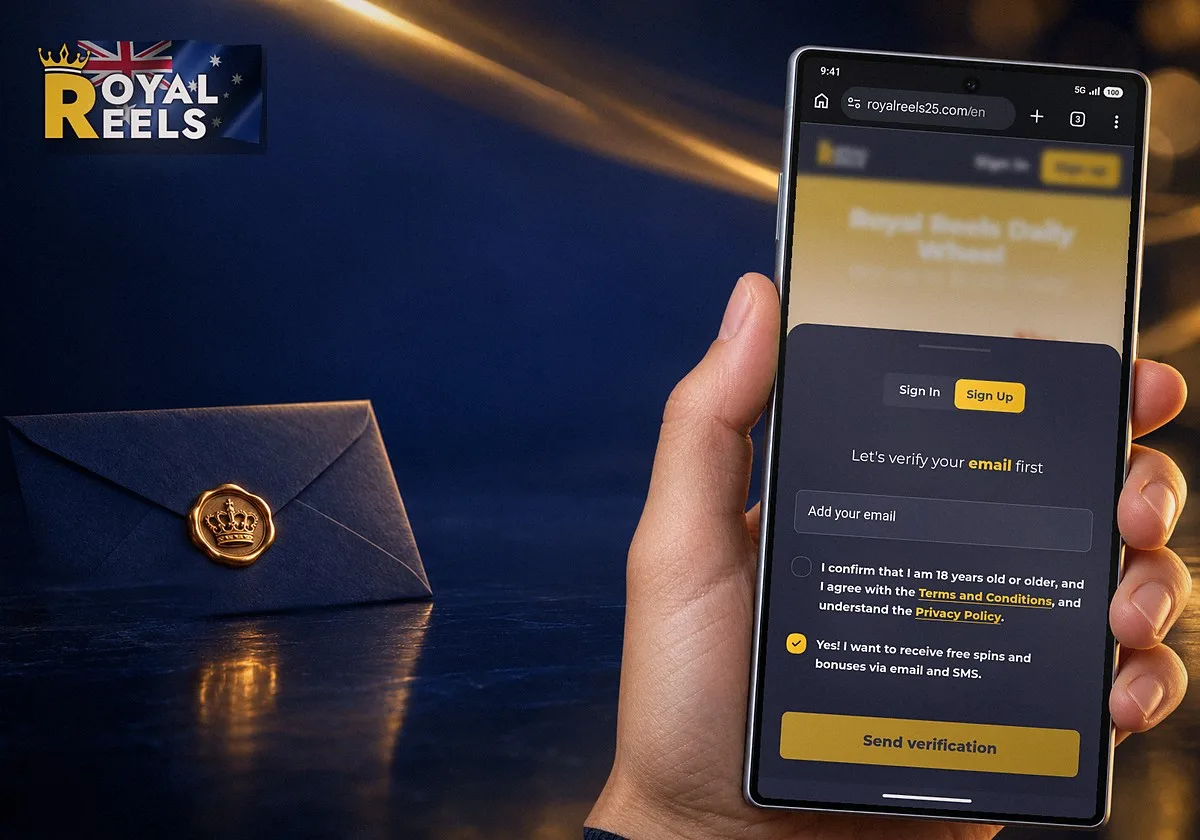 A hand holding a Samsung Galaxy with the Royal Reels sign-up form open in Chrome: Let's verify your email first, the email field and the 18+ confirmation